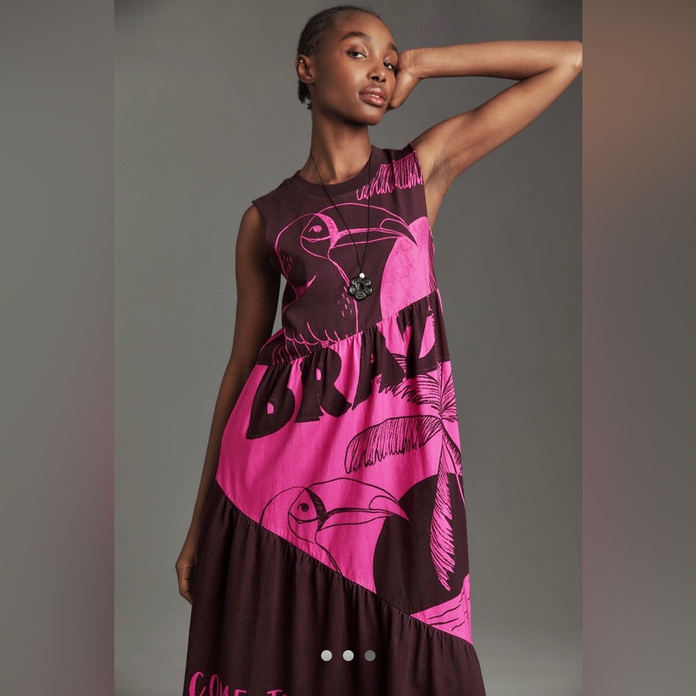 EUC Anthropologie for FARM Rio Pink and Brown Graphic Dress Great for fall!